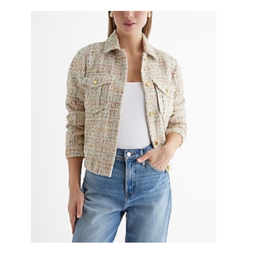 Express Sequin Tweed Cropped Bomber Jacket